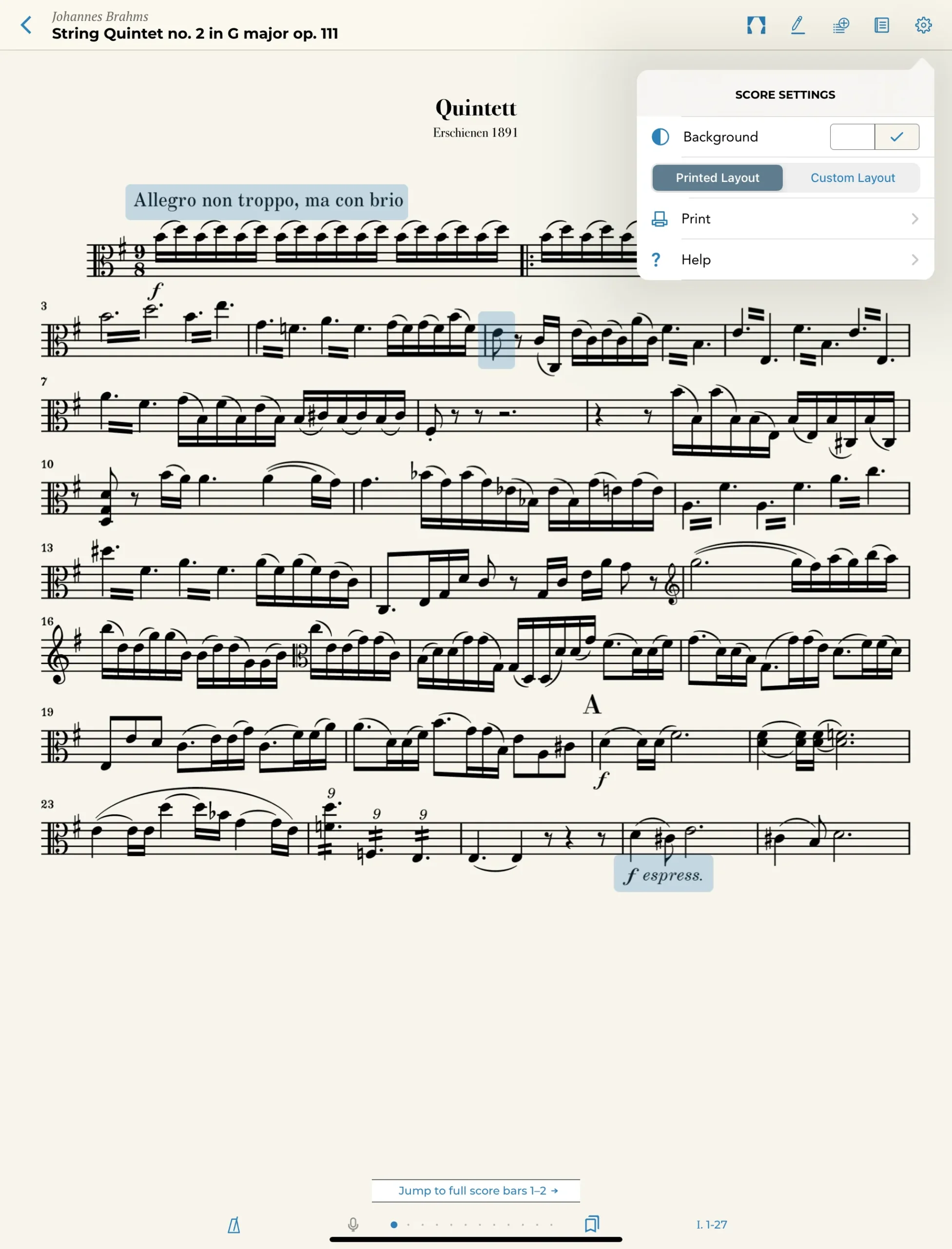 Lecteur de partitions de musique sur iPad – Mise en page imprimée (printed layout) dans la bibliothèque Henle Library