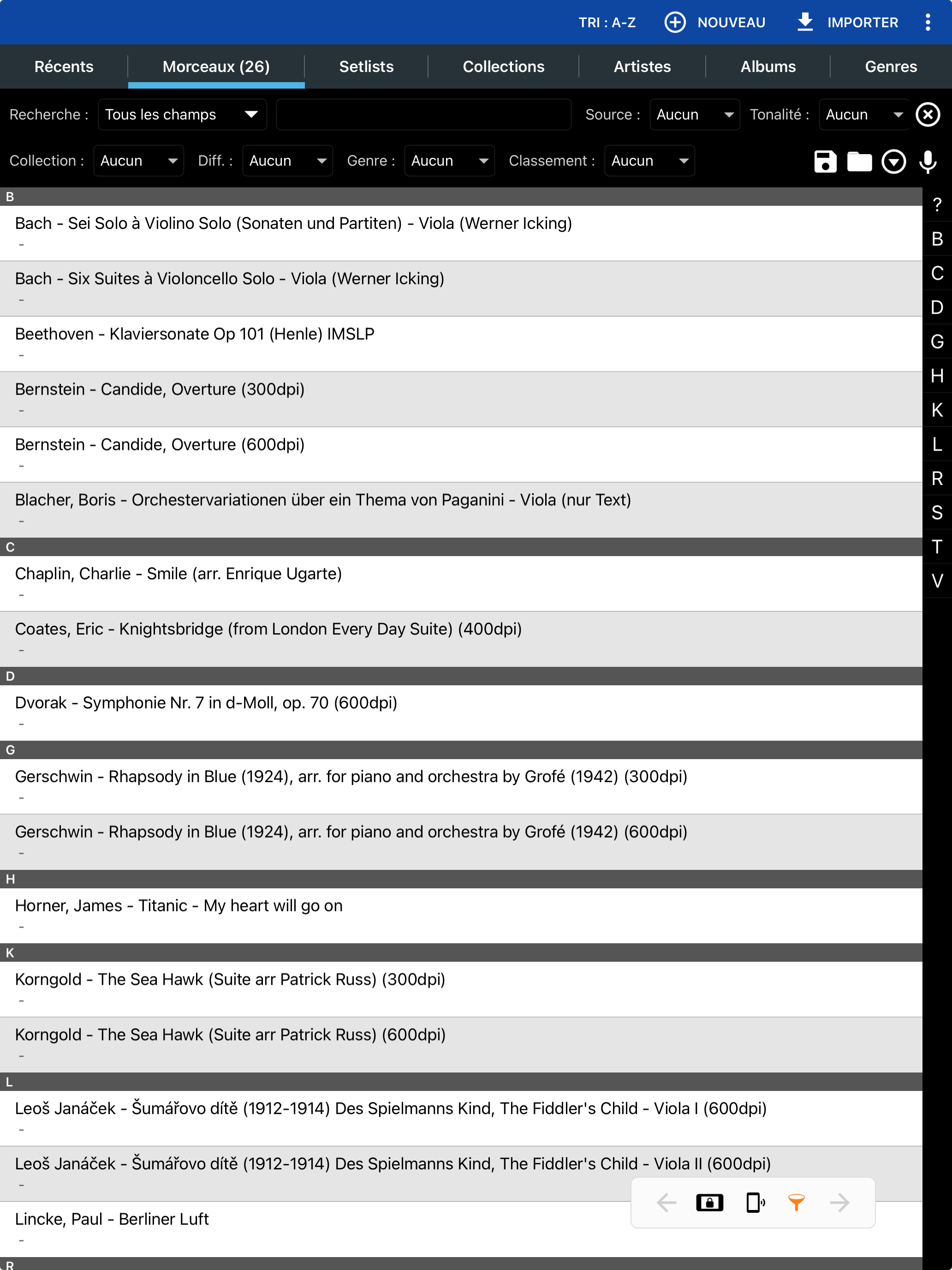 MobileSheets pour iPad, appli pour partitions, gestion d'une bibliothèque de partitions numériques